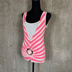 Deb Womens Neon Pink White Striped O-Ring Layered Tank Top Medium A28201K